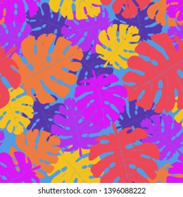 Vector seamless neon pattern of palm leaves and tropical plants. Exotic background for seasonal design.