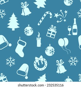 Vector Seamless New Year and Christmas Pattern on Blue Background