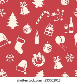 Vector Seamless New Year and Christmas Pattern on Red Background