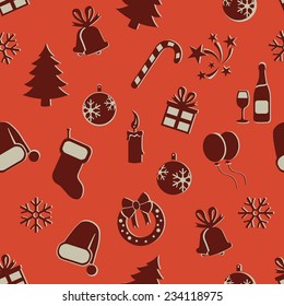 Vector Seamless New Year and Christmas Pattern on Red Background