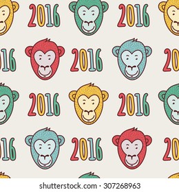 Vector seamless New Year hand drawn pattern. Multicolor smiling monkey face and numbers 2016. 