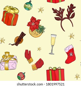 Vector seamless new year pattern on a colored background. Champagne, winter gloves, New Year's toys, ears, gift, New Year's bell for printing, stickers, logo, blank for designers