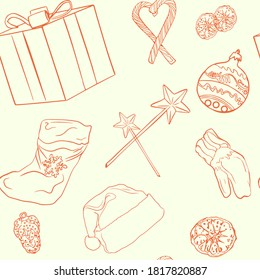 Vector seamless new year pattern on a colored background. Champagne, winter gloves, New Year's toys, ears, gift, New Year's bell for printing, stickers, logo, blank for designers