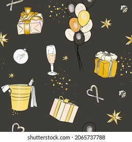 Vector seamless new year pattern on a colored background. Champagne, winter gloves, New Year's toys, ears, gift, New Year's bell for printing, stickers, logo, blank for designers