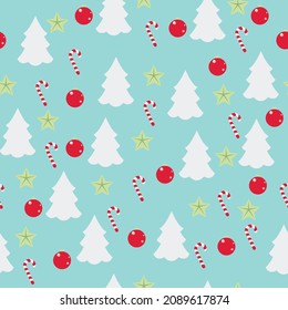 vector seamless new year pattern. flat pattern image with christmas tree, balls, stars and candy cane