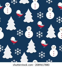vector seamless new year pattern. flat pattern image with snowman, snowflake, bird, christmas tree on blue background