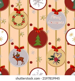 Vector seamless new year pattern on a colored background. Champagne, winter gloves, New Year's toys, ears, gift, New Year's bell for printing, stickers, logo, blank for designers