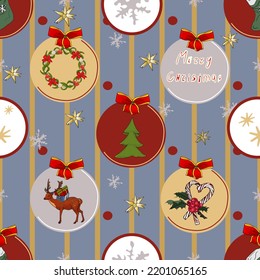 Vector seamless new year pattern on a colored background. Champagne, winter gloves, New Year's toys, ears, gift, New Year's bell for printing, stickers, logo, blank for designers