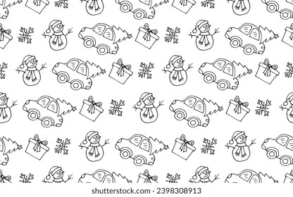 Vector seamless New Year pattern on a white background. Black and white illustration in cartoon style. Pattern for fabric, gift wrapping, cards and congratulations. Christmas tree, snowman and gift.