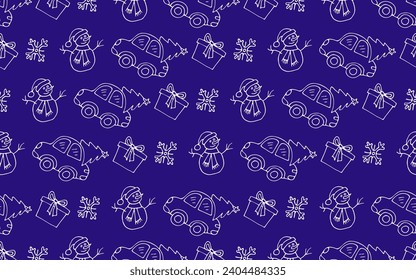 Vector seamless New Year pattern on a blue background, hand-drawn in cartoon style. Pattern of a snowman, a car with a Christmas tree, a gift and a snowflake for packaging, textiles, design and decora