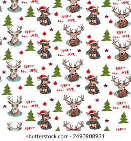 Vector seamless new year pattern on colored background. Greyhounds with Christmas clothes, deer and elk, gift, Christmas bell for printing, stickers, logo, blank for designers