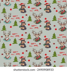 Vector seamless new year pattern on colored background. Greyhounds with Christmas clothes, deer and elk, gift, Christmas bell for printing, stickers, logo, blank for designers