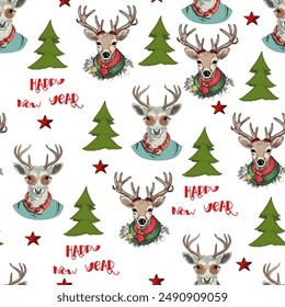 Vector seamless new year pattern on colored background. Greyhounds with Christmas clothes, deer and elk, gift, Christmas bell for printing, stickers, logo, blank for designers