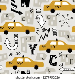 vector seamless New York background pattern with color cut out paper abstract houses and hand drawn taxi yellow cab for  fabric design, wrapping paper, notebooks covers.textile