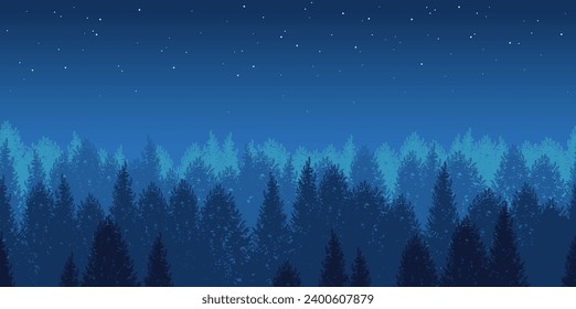 Vector Seamless Night Forest Background Illustration With The Starry Sky. Horizontally Repeatable.