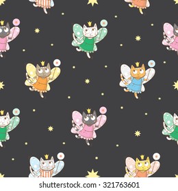 Vector seamless night pattern with cartoon fairies cats and stars on  dark background.