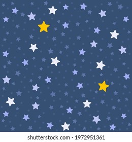 Vector seamless night sky pattern with white, blue and gold stars. Cartoon. Flat design background