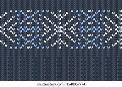 Vector seamless Nordic Knitting Pattern in blue colors. Christmas and Winter holiday Sweater Design with elastic band. Fair Isle with purl stitch method. Plain and ribbed knitting.