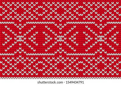 Vector seamless Nordic Knitting Pattern in red and white colors. Christmas and Winter holiday Sweater Design. Fair Isle with purl stitch method. Plain knitting.