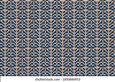 Vector seamless Nordic Knitting Pattern in blue, orange, grey colors. Christmas and Winter holiday Sweater, plaid Design.