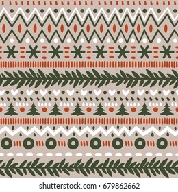 Vector seamless norwegian pattern with snowflakes and Christmas trees. Repeated winter texture. Scandinavian style.