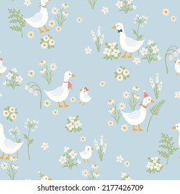 Vector Seamless Nursery Pattern with Cute Gooses on Pastel Blue Background
