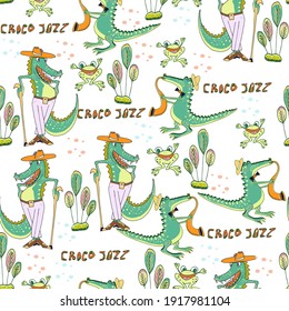 Vector seamless nursery pattern. Funny crocodiles, jazz musucians, frogs, tropical plants, flowers.