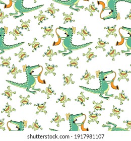 Vector seamless nursery pattern. Funny crocodiles, jazz musucians, frogs, tropical plants, flowers.