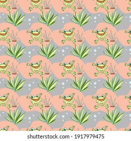 Vector seamless nursery pattern. Tropical plants, funny frogs.