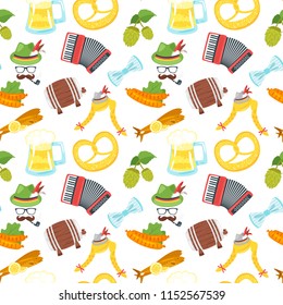 Vector seamless Octoberfest pattern with beer festival holiday symbols.