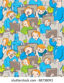 vector seamless office pattern - different people sitting at the tables with computers