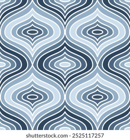 Vector seamless ogee pattern. Boho inspired geometric texture shades of blue. For fabric, packaging