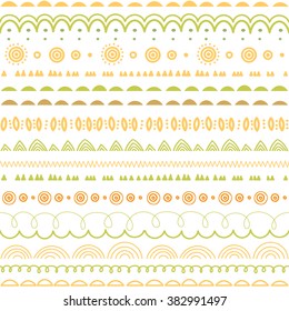 Vector seamless olive green, orange and coral colors pattern. Borders, dividers, ribbons set.