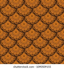 Vector Seamless Orange Floral Mandala Pattern.