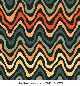 Vector Seamless Orange Navy Colors Rounded Rough Hand Painted Wavy Stripe Lines Pattern on Dark Abstract Background