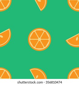 Vector seamless orange pattern with segments or sections of orange on green background. Design for cards, menu, textile, fabric.