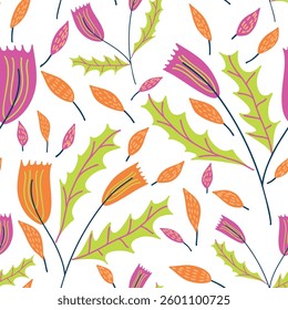 Vector Seamless Orange and Yellow Vibrant Folk Floral Pattern