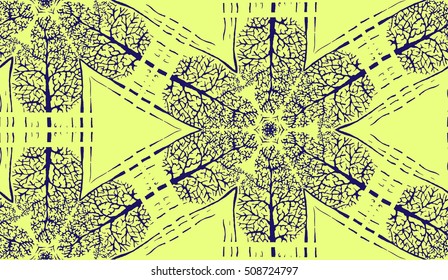 Vector Seamless Organic Rounded Lines And Drips Floral Patterns In Yellow and Dark Blue Colors Abstract Background
