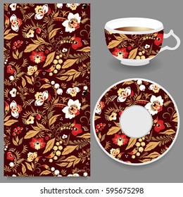 vector seamless orient floral pattern with cup and plate. russian design