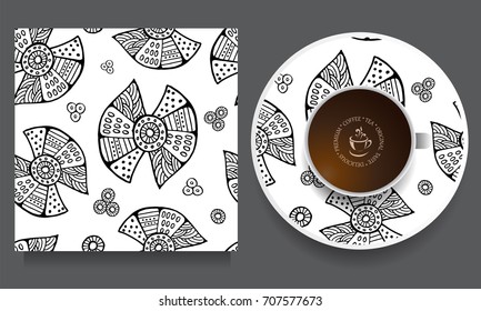 vector seamless orient floral pattern with cup and plate. russian design