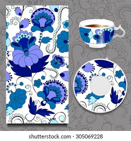 vector seamless orient pattern with cup and plate. russian design