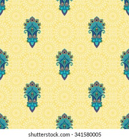 Vector seamless oriental background. Ornament with peacock feather elements and round abstract backdrop. 