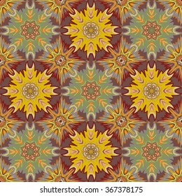 Vector seamless oriental background. Yellow brown mandalas symmetrically arranged on a colorful background