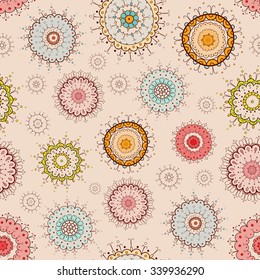 Vector seamless oriental pattern with colorful flowers, hand drawn abstract background