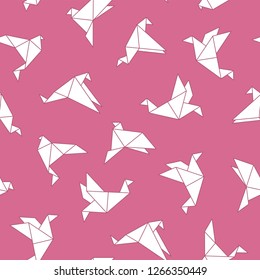 Vector seamless origami pattern with drawing paper birds. Decorative pink background 