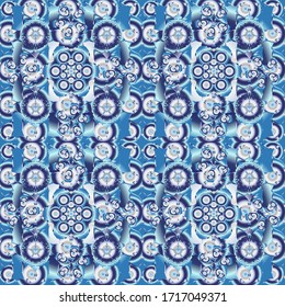 Vector seamless ornament in beige, blue and violet colors. Distressed damask seamless pattern background tile.