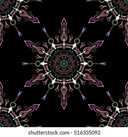 Vector seamless ornament in beige, brown and neutral colors on a black background. Distressed damask seamless pattern background tile.