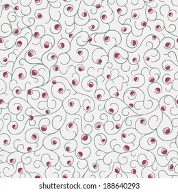 Vector seamless ornament. Berries pattern with curvy lines.