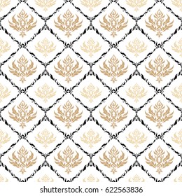 Vector seamless ornament in black and beige colors on a white background. Distressed damask seamless pattern background tile.