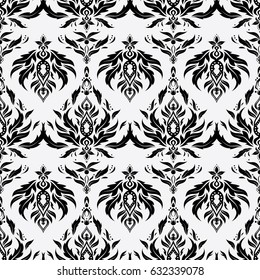 Vector seamless ornament in black and neutral colors. Distressed damask seamless pattern background tile.
